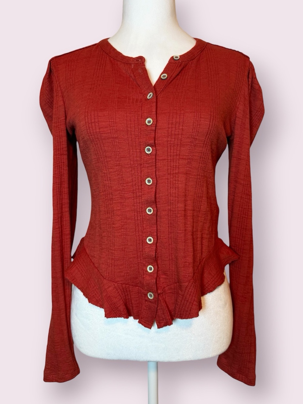 Anthropologie Pilcro Rust Red Ribbed Puff Sleeve Button Up Cardigan Small